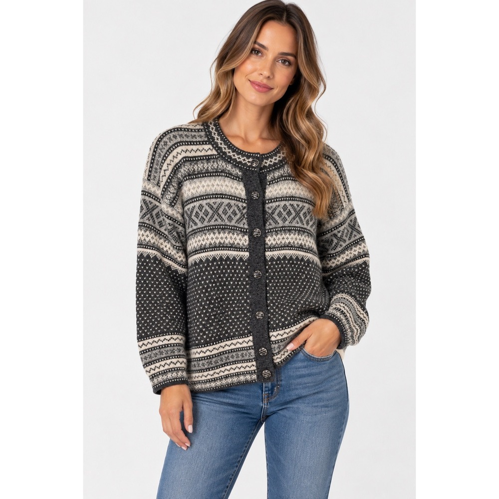 Colecciones Del Andes Alpaca Cardigan Sweater Gray Fair Isle Knit Womens Large